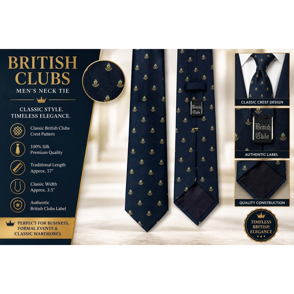 British Clubs Mens Navy Blue Crest Pattern Woven Silk Blend Necktie Tie